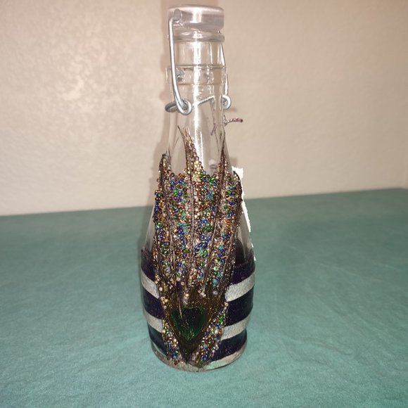 Amazing Crafted Artisan Bottle Italy Peacock Feather Design applied beads Boho - Picture 11 of 12
